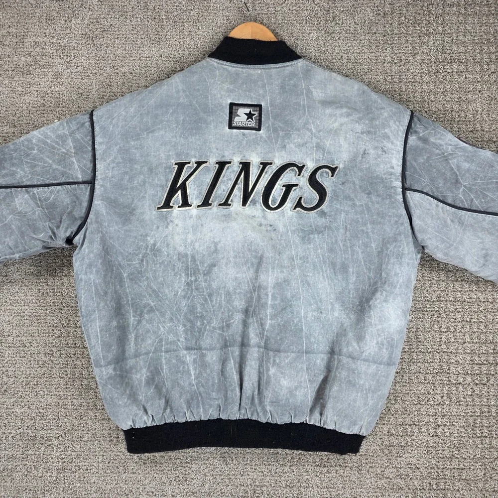 Vintage Starter Los Angeles Kings NHL Bomber Jacket Gray Acid Stone Wash Mens XL